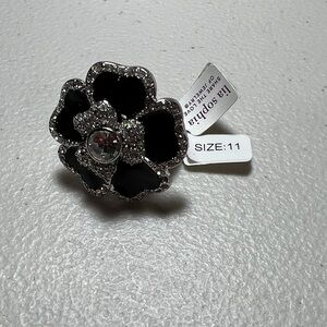 Lia Sophia Blooming Ring Black Flower Cocktail Ring with Crystal Center